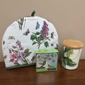 Set of 3 Portmeirion Kitchen Items.
( tea cozy, coasters, canister )